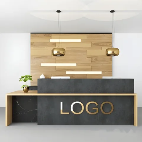 Desk de réception architectural avec logo frontal et éclairage décoratif