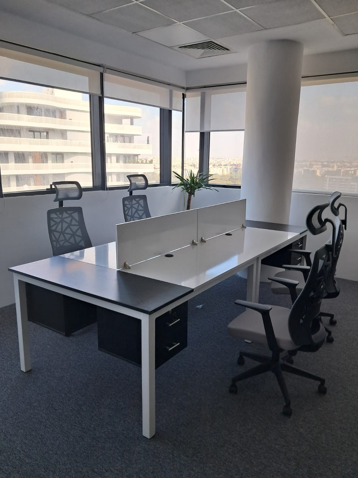 Postes de travail avec séparations et chaises de bureau près de grandes fenêtres.